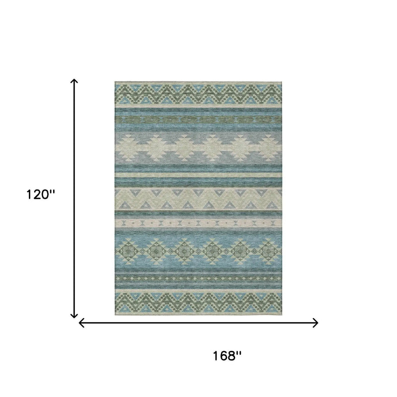 10' X 14' Teal Blue And Beige Southwestern Washable Indoor Outdoor Area Rug Homeroots Outdoor