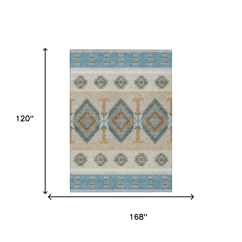 10' X 14' Teal Blue And Beige Southwestern Washable Indoor Outdoor Area Rug Homeroots Outdoor