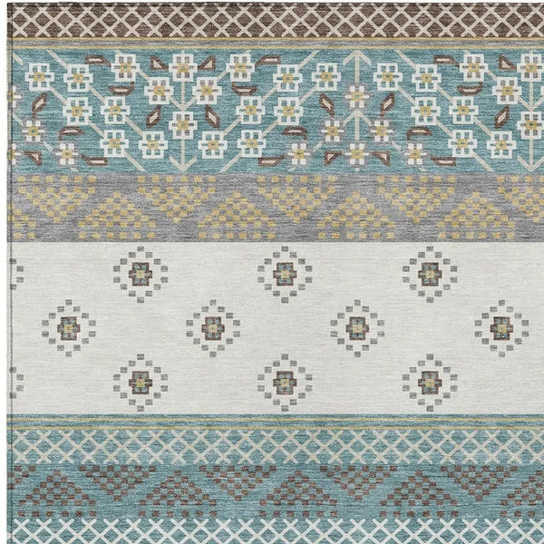 10' X 14' Teal Blue And Beige Striped Washable Indoor Outdoor Area Rug Homeroots Outdoor