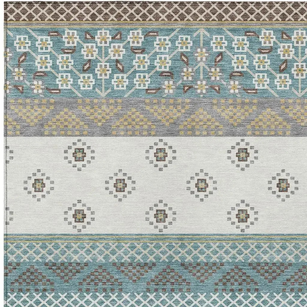 10' X 14' Teal Blue And Beige Striped Washable Indoor Outdoor Area Rug Homeroots Outdoor