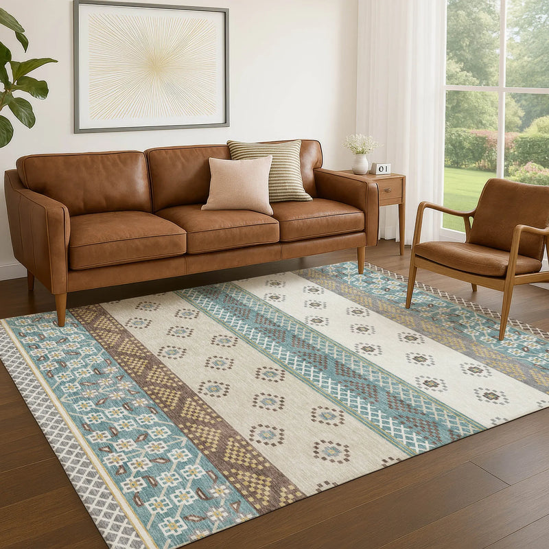 10' X 14' Teal Blue And Beige Striped Washable Indoor Outdoor Area Rug Homeroots Outdoor