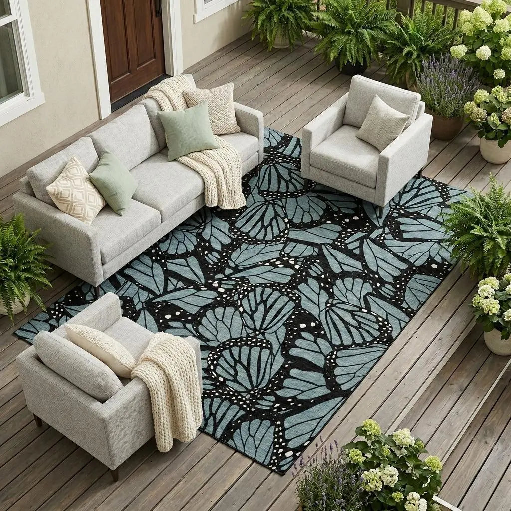10' X 14' Teal Blue And Black Animal Print Washable Indoor Outdoor Area Rug Homeroots Outdoor