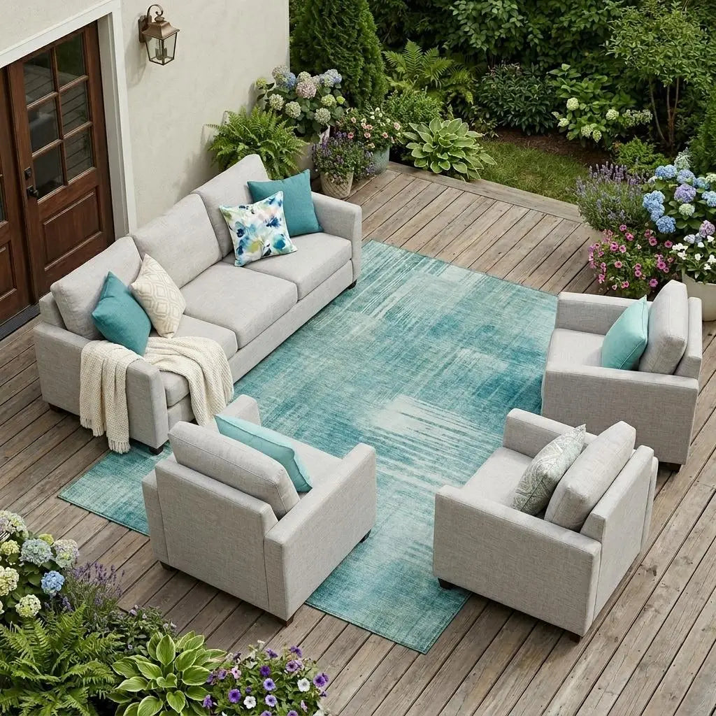 10' X 14' Teal Blue And Blue Abstract Washable Indoor Outdoor Area Rug Homeroots Outdoor