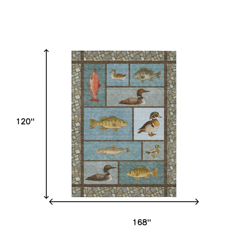 10' X 14' Teal Blue And Blue Floral Medallion Washable Indoor Outdoor Area Rug Homeroots Outdoor