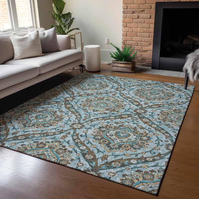 10' X 14' Teal Blue And Blue Floral Washable Indoor Outdoor Area Rug Homeroots Outdoor