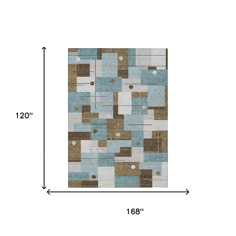 10' X 14' Teal Blue And Blue Geometric Washable Indoor Outdoor Area Rug Homeroots Outdoor