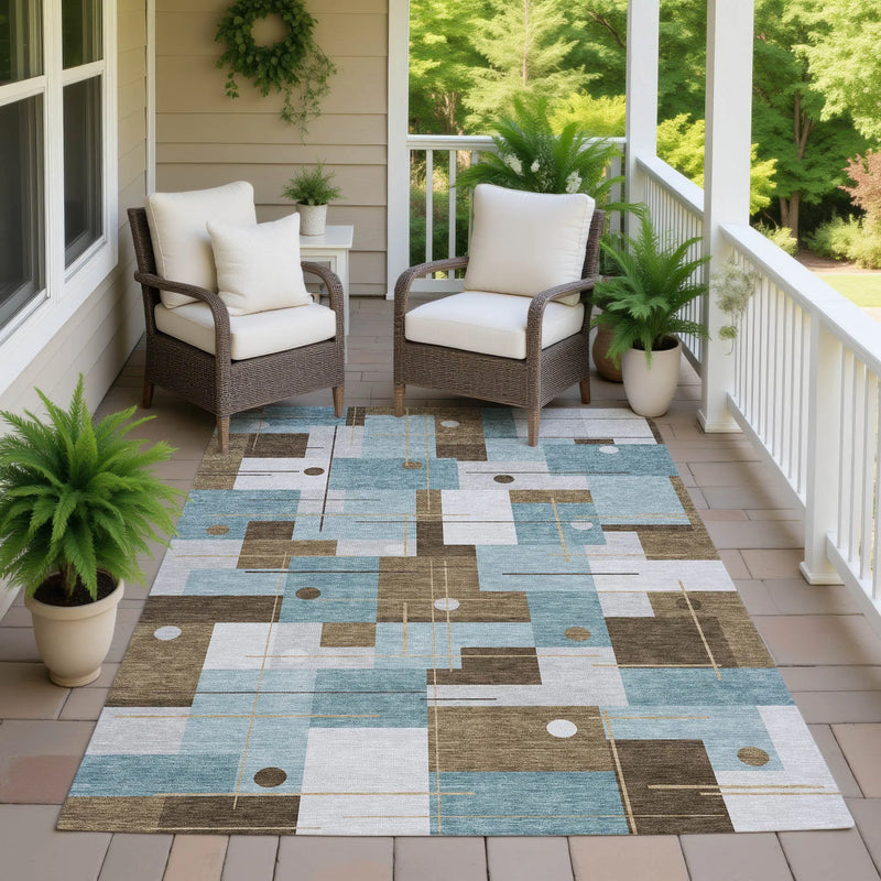 10' X 14' Teal Blue And Blue Geometric Washable Indoor Outdoor Area Rug Homeroots Outdoor
