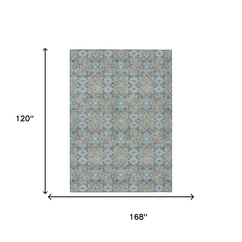 10' X 14' Teal Blue And Blue Oriental Washable Indoor Outdoor Area Rug Homeroots Outdoor