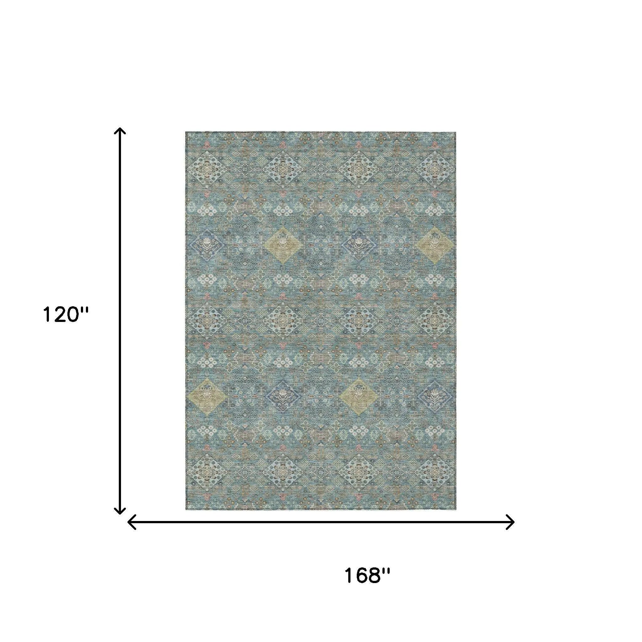 10' X 14' Teal Blue And Blue Oriental Washable Indoor Outdoor Area Rug Homeroots Outdoor