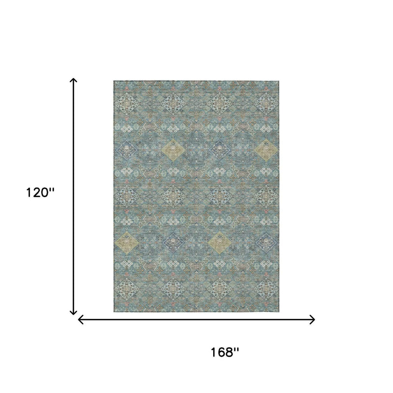 10' X 14' Teal Blue And Blue Oriental Washable Indoor Outdoor Area Rug Homeroots Outdoor