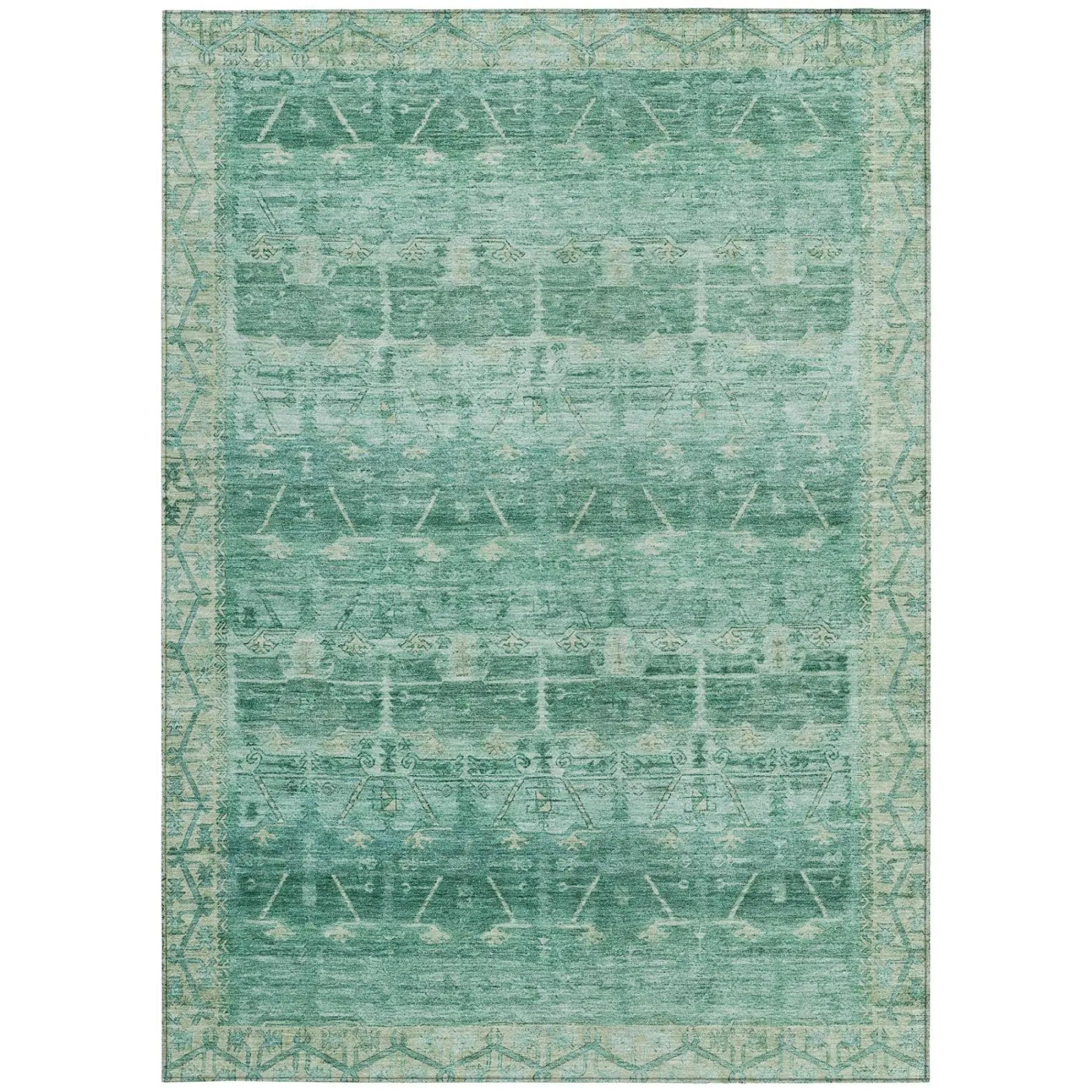 Turquoise vintage-style area rug with intricate patterns and a distressed finish, perfect for modern or traditional decor.