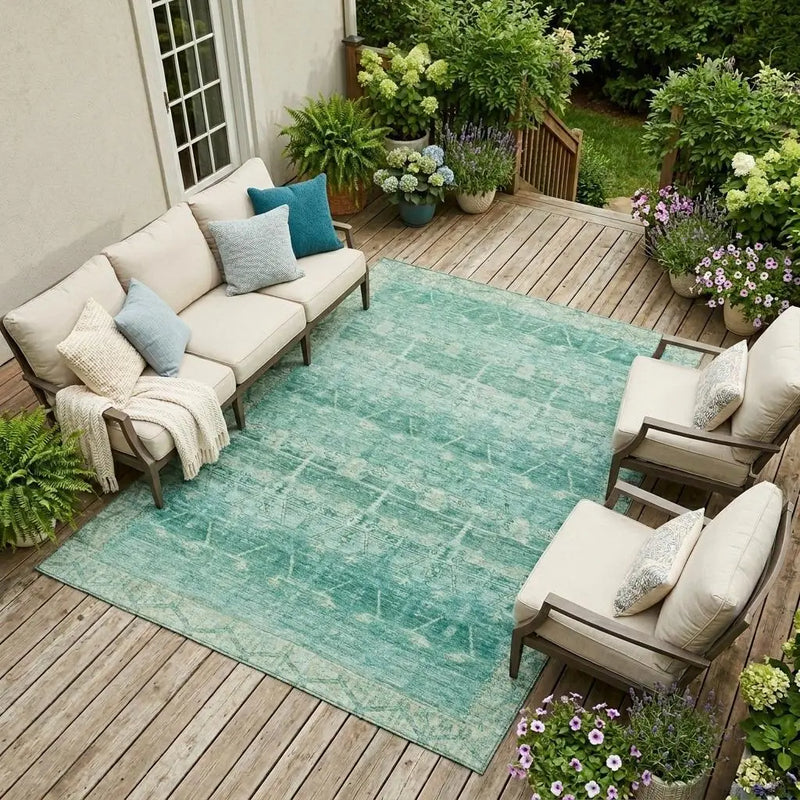 Teal vintage area rug on a wooden patio, paired with a beige sofa and lush green plants, creating a cozy outdoor space.