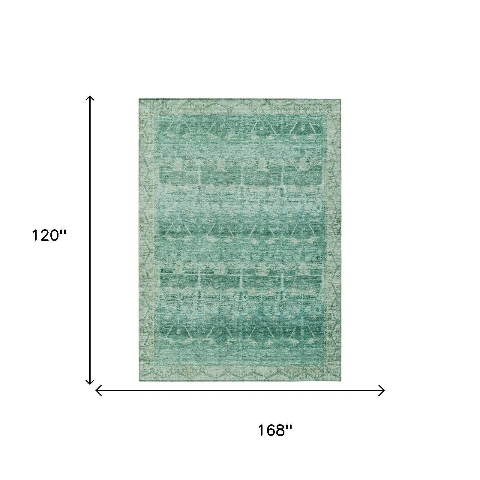 Turquoise vintage-style area rug, 10x14 feet, soft poly-blend material, intricate geometric patterns.