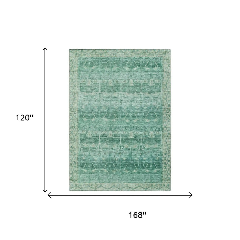 Turquoise vintage-style area rug, 10x14 feet, soft poly-blend material, intricate geometric patterns.