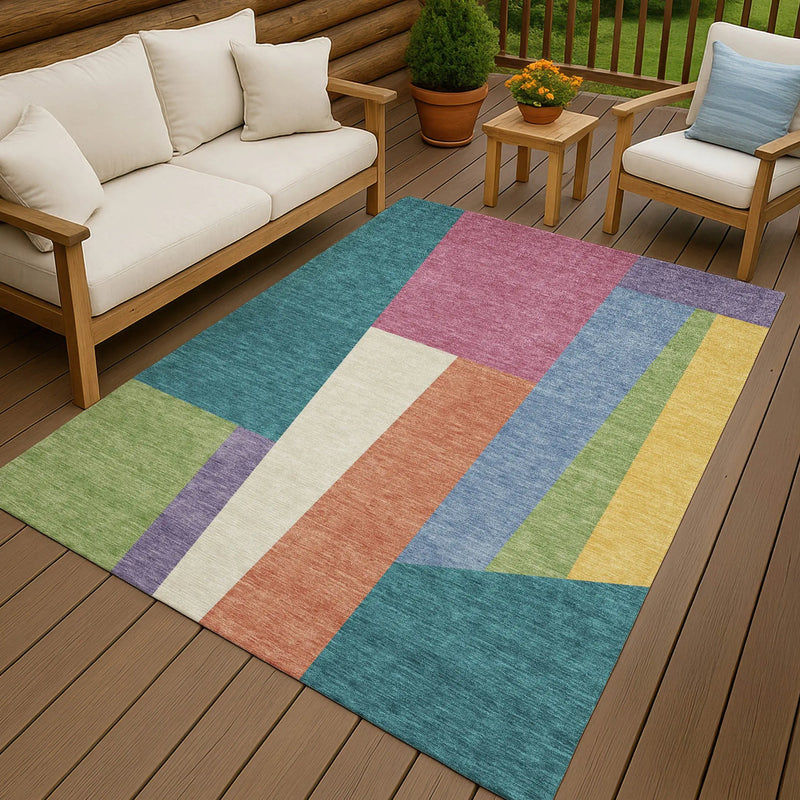 10' X 14' Teal Blue And Blush Geometric Washable Indoor Outdoor Area Rug Homeroots Outdoor