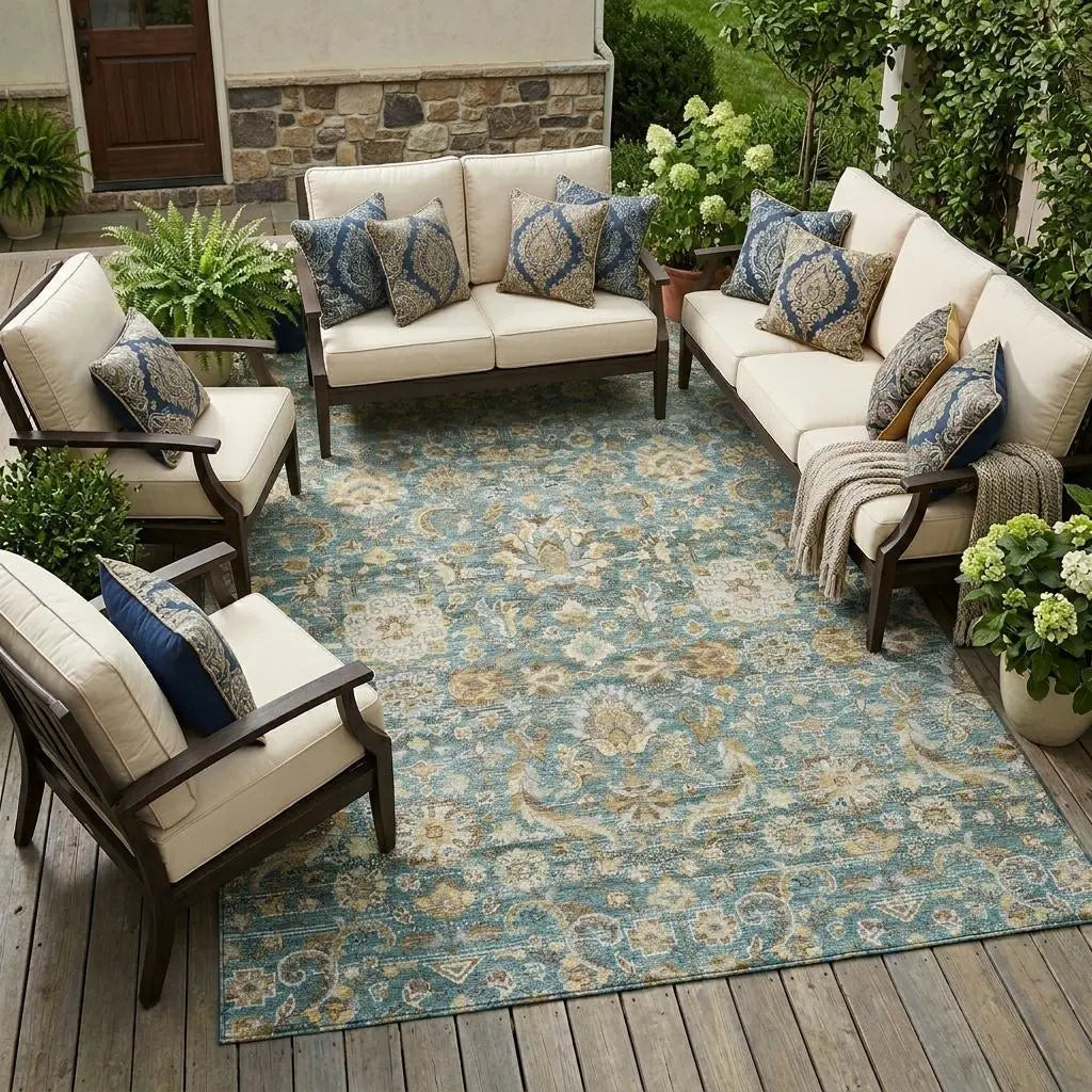 10' X 14' Teal Blue And Brown Floral Medallion Washable Indoor Outdoor Area Rug Homeroots Outdoor