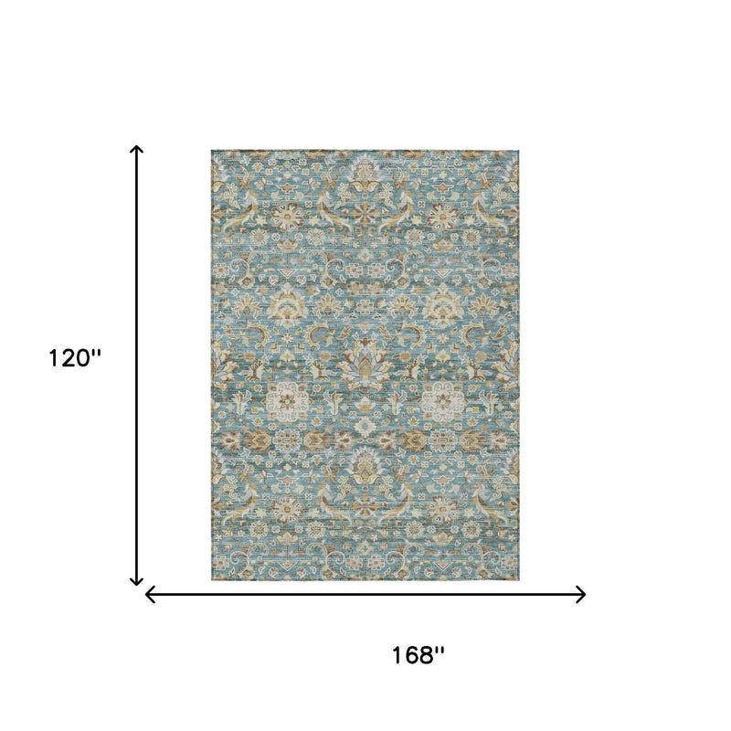 10' X 14' Teal Blue And Brown Floral Medallion Washable Indoor Outdoor Area Rug Homeroots Outdoor