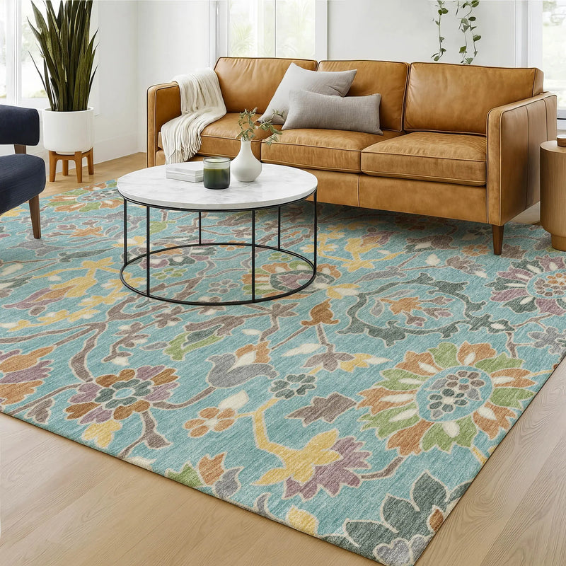 10' X 14' Teal Blue And Brown Floral Washable Indoor Outdoor Area Rug Homeroots Outdoor
