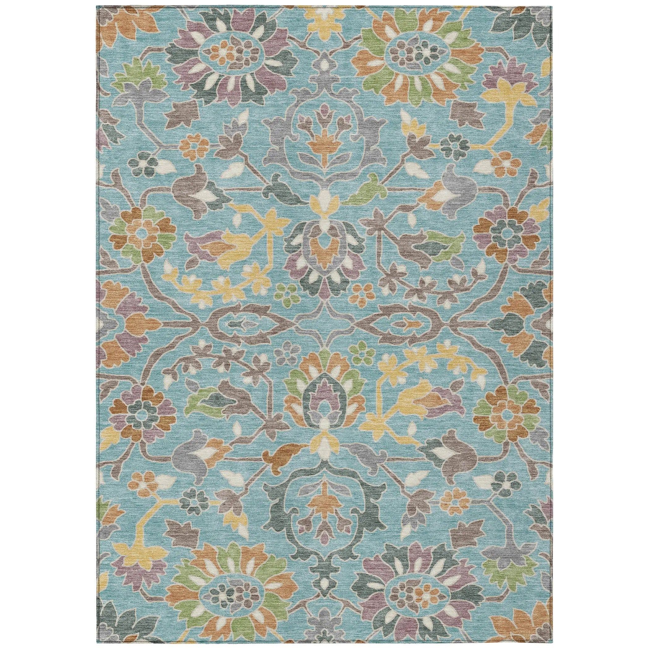 10' X 14' Teal Blue And Brown Floral Washable Indoor Outdoor Area Rug Homeroots Outdoor