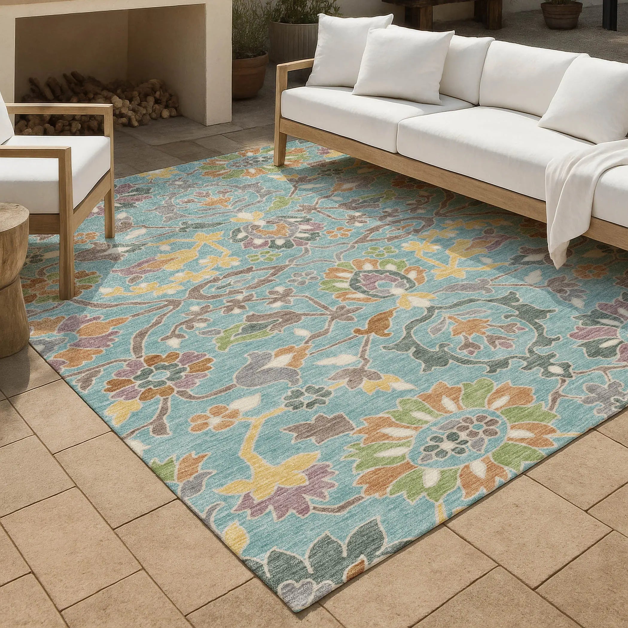 10' X 14' Teal Blue And Brown Floral Washable Indoor Outdoor Area Rug Homeroots Outdoor