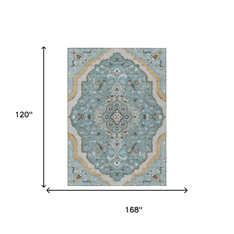 10' X 14' Teal Blue And Brown Medallion Washable Indoor Outdoor Area Rug Homeroots Outdoor