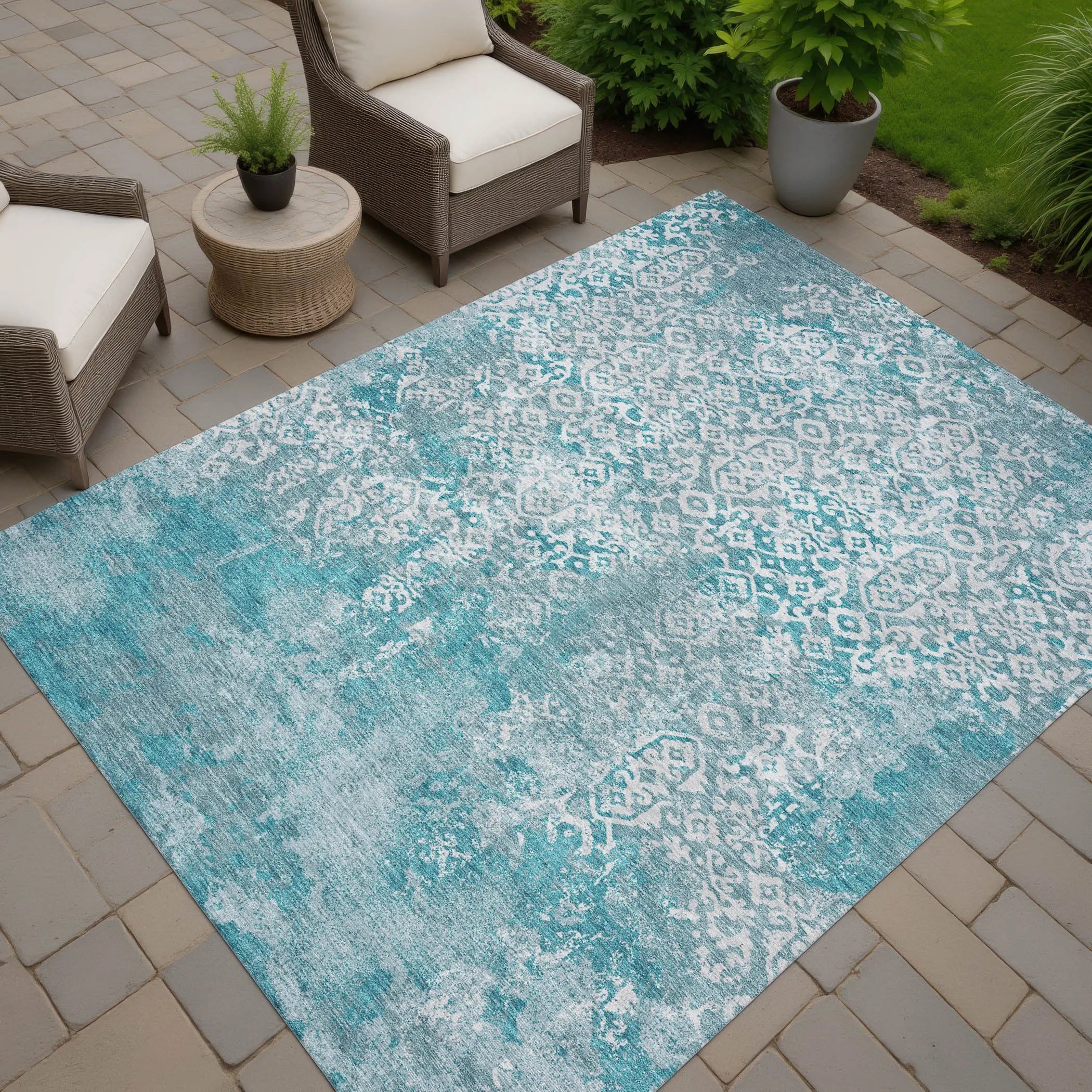 10' X 14' Teal Blue And Brown Oriental Washable Indoor Outdoor Area Rug Homeroots Outdoor