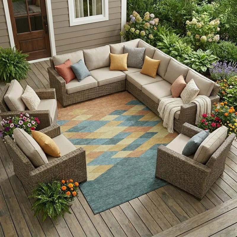 10' X 14' Teal Blue And Copper Geometric Washable Indoor Outdoor Area Rug Homeroots Outdoor