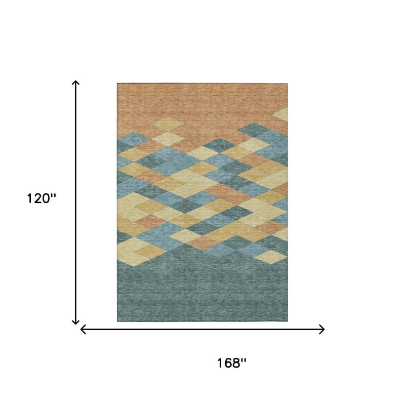 10' X 14' Teal Blue And Copper Geometric Washable Indoor Outdoor Area Rug Homeroots Outdoor