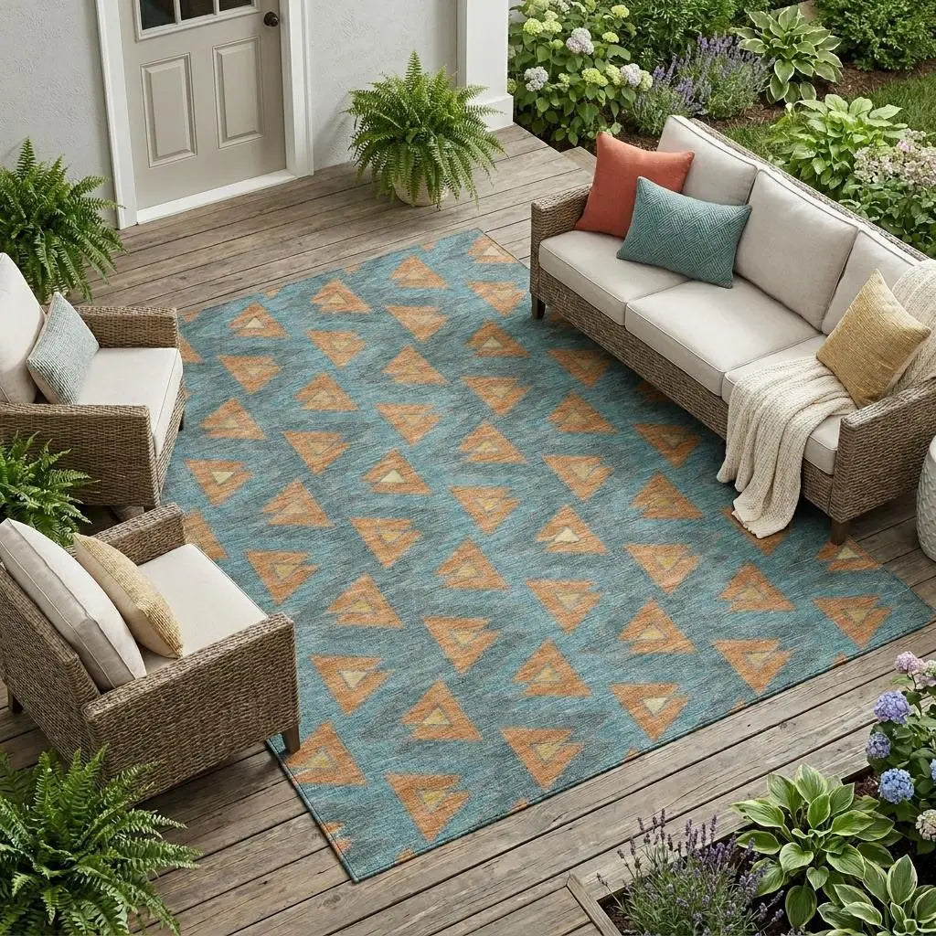 10' X 14' Teal Blue And Copper Geometric Washable Indoor Outdoor Area Rug Homeroots Outdoor