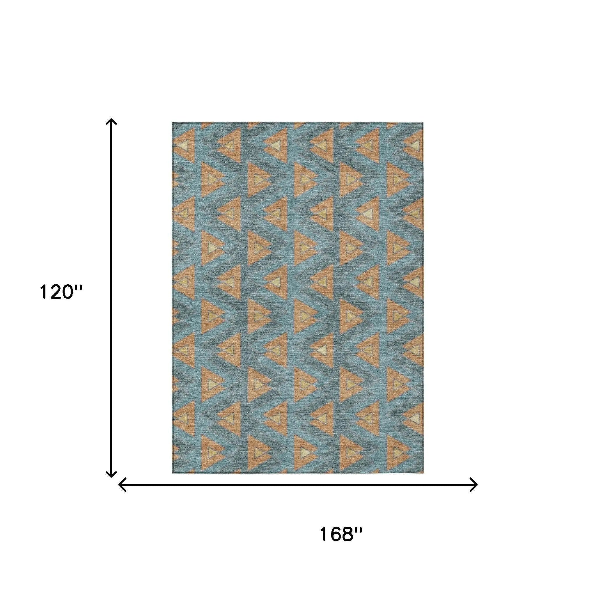 10' X 14' Teal Blue And Copper Geometric Washable Indoor Outdoor Area Rug Homeroots Outdoor