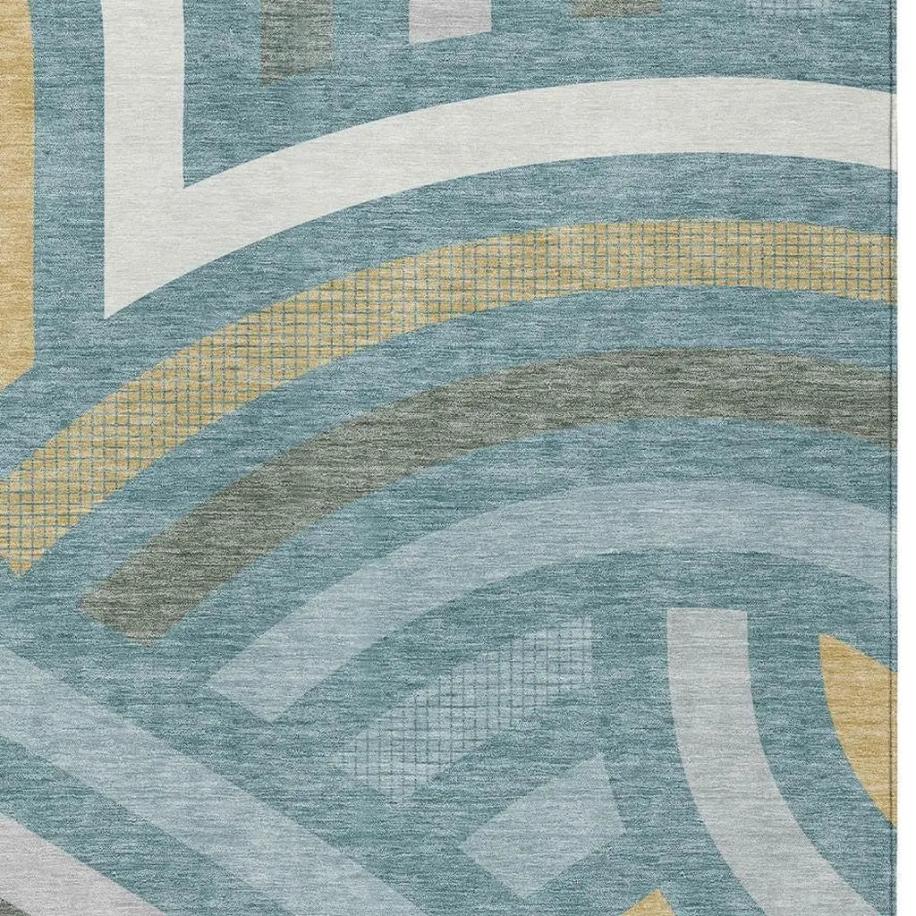 10' X 14' Teal Blue And Gold Abstract Washable Indoor Outdoor Area Rug Homeroots Outdoor
