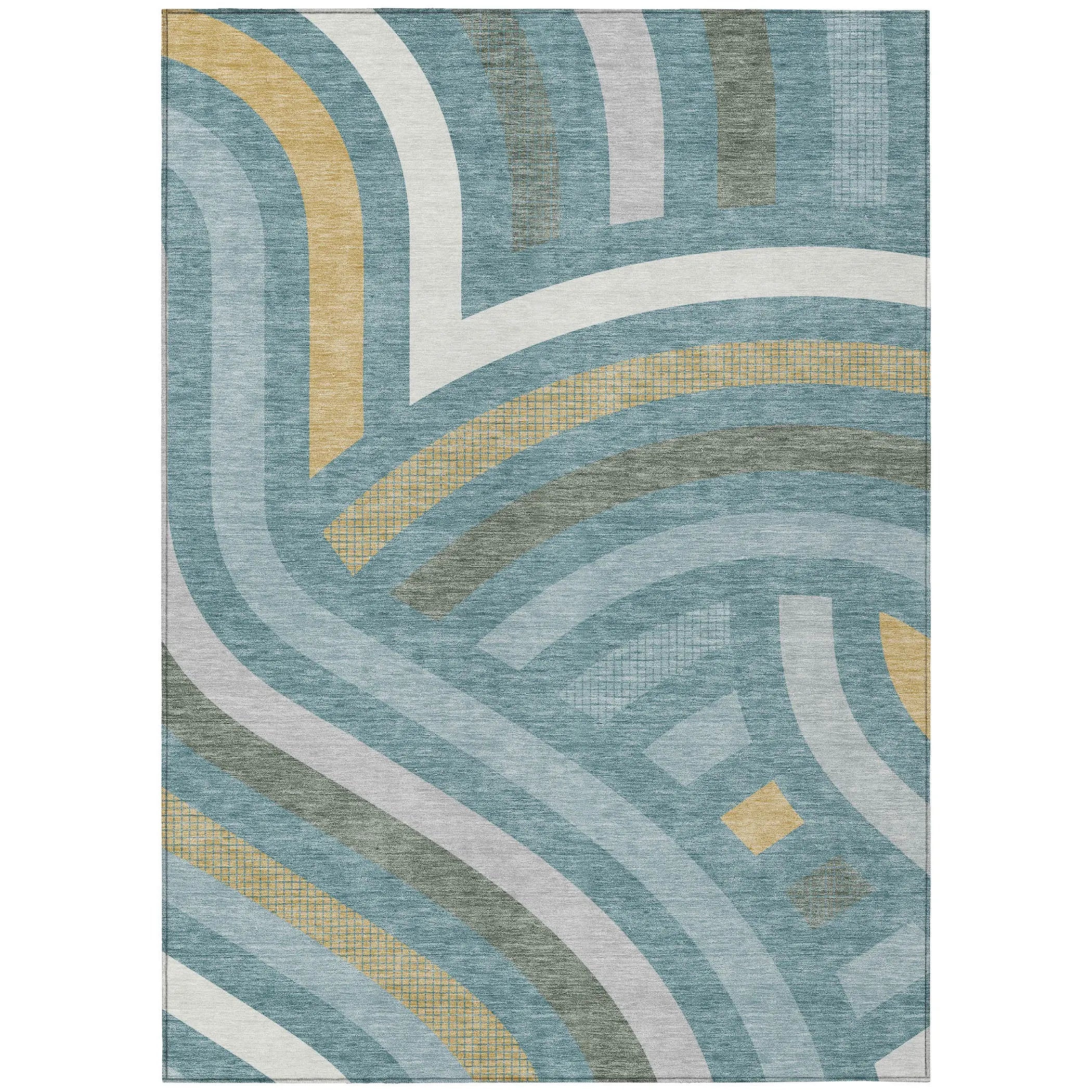 10' X 14' Teal Blue And Gold Abstract Washable Indoor Outdoor Area Rug Homeroots Outdoor
