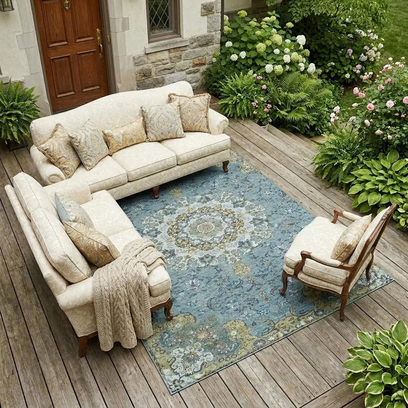 10' X 14' Teal Blue And Gold Floral Medallion Washable Indoor Outdoor Area Rug Homeroots Outdoor