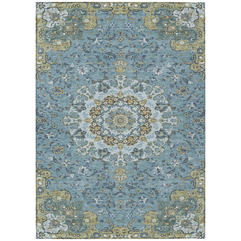 10' X 14' Teal Blue And Gold Floral Medallion Washable Indoor Outdoor Area Rug Homeroots Outdoor
