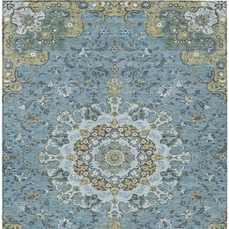 10' X 14' Teal Blue And Gold Floral Medallion Washable Indoor Outdoor Area Rug Homeroots Outdoor
