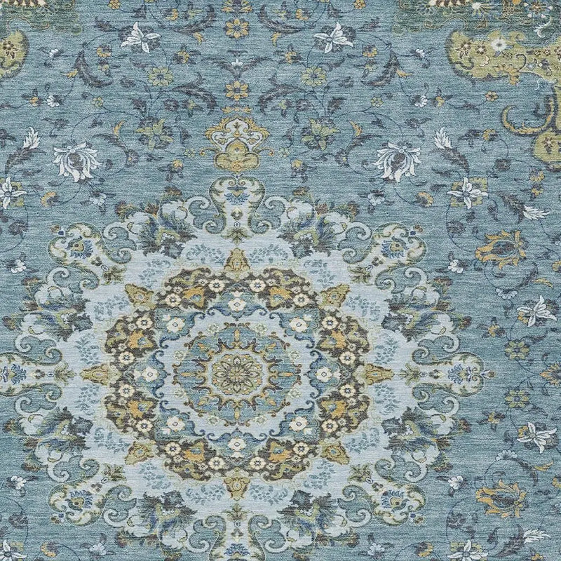10' X 14' Teal Blue And Gold Floral Medallion Washable Indoor Outdoor Area Rug Homeroots Outdoor