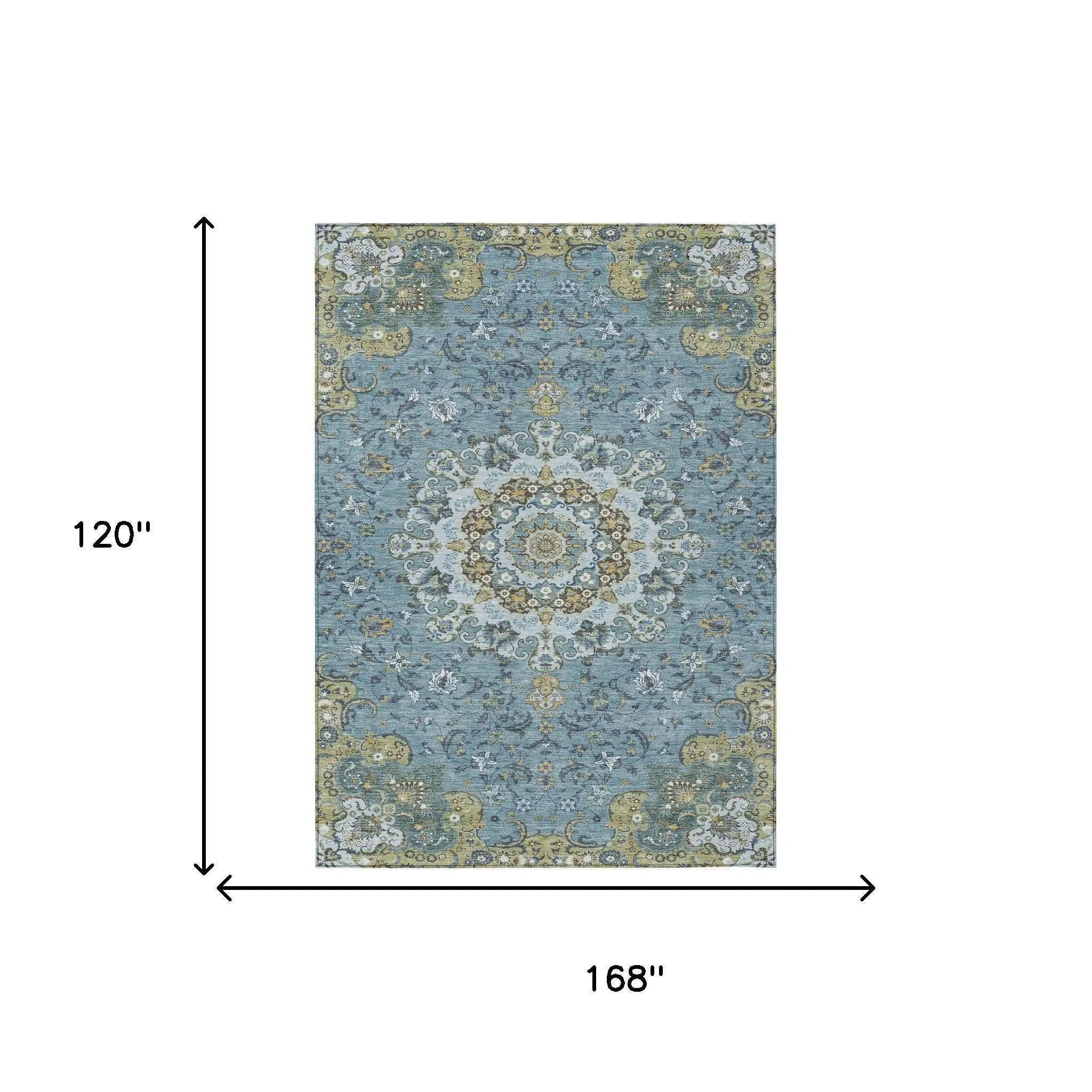10' X 14' Teal Blue And Gold Floral Medallion Washable Indoor Outdoor Area Rug Homeroots Outdoor