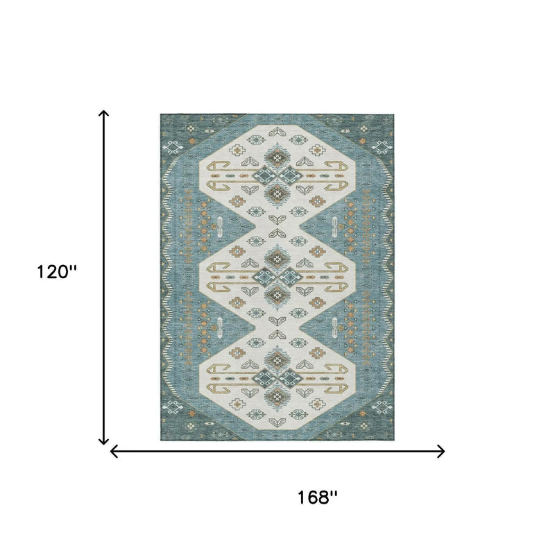 10' X 14' Teal Blue And Gold Geometric Washable Indoor Outdoor Area Rug Homeroots Outdoor