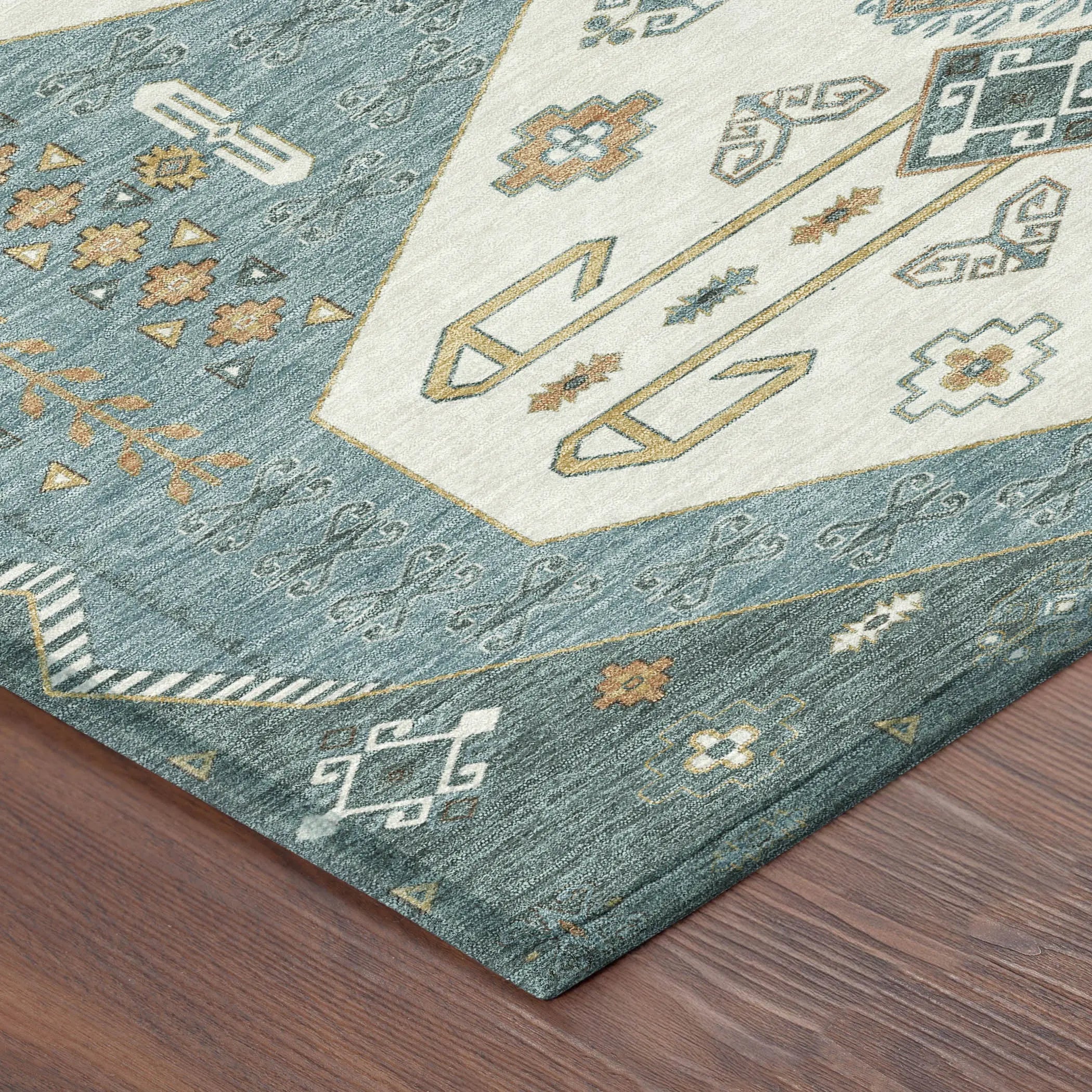 10' X 14' Teal Blue And Gold Geometric Washable Indoor Outdoor Area Rug Homeroots Outdoor