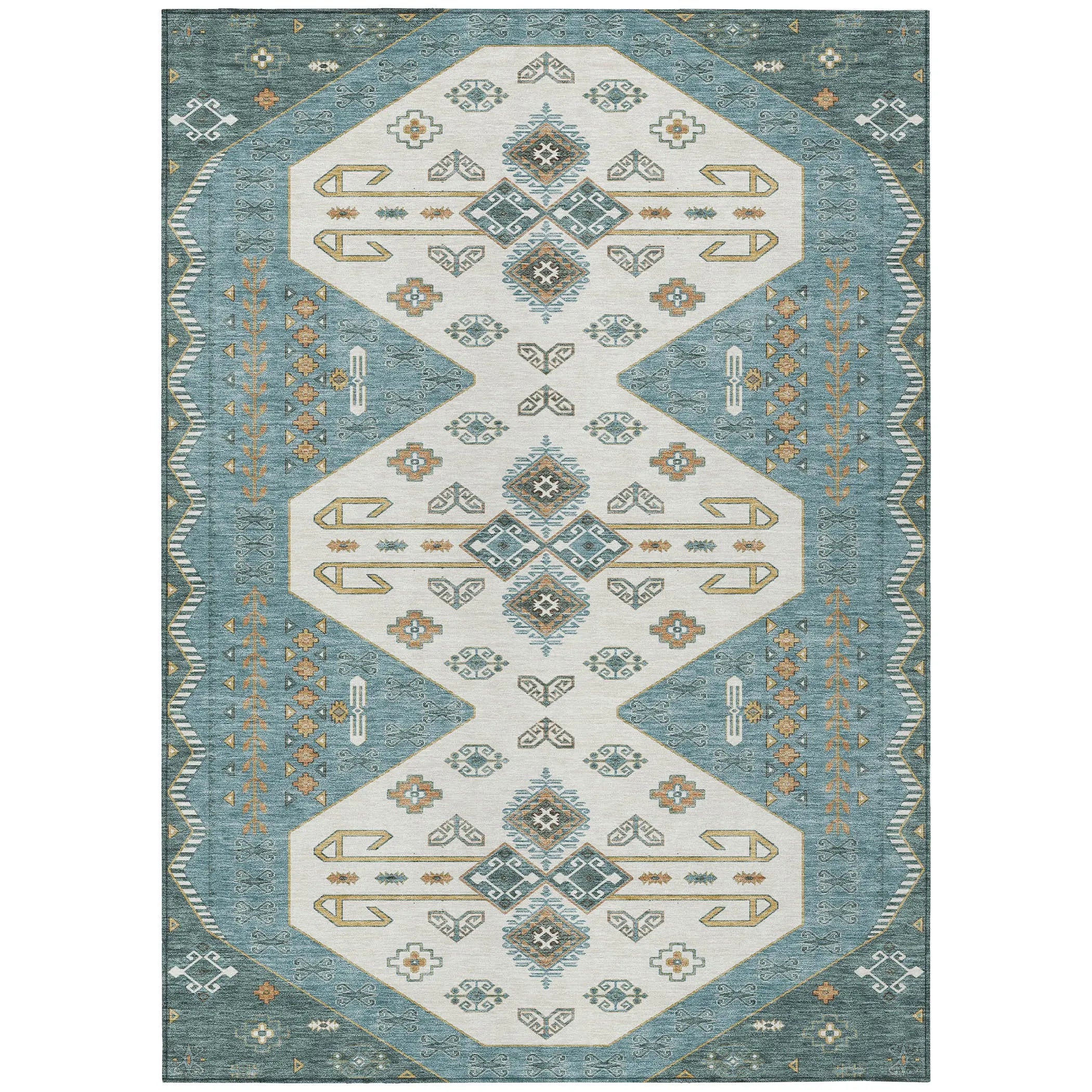 10' X 14' Teal Blue And Gold Geometric Washable Indoor Outdoor Area Rug Homeroots Outdoor