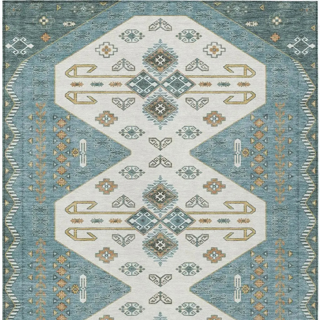 10' X 14' Teal Blue And Gold Geometric Washable Indoor Outdoor Area Rug Homeroots Outdoor
