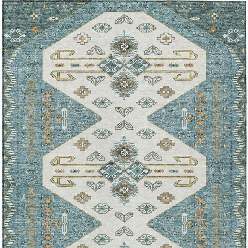 10' X 14' Teal Blue And Gold Geometric Washable Indoor Outdoor Area Rug Homeroots Outdoor