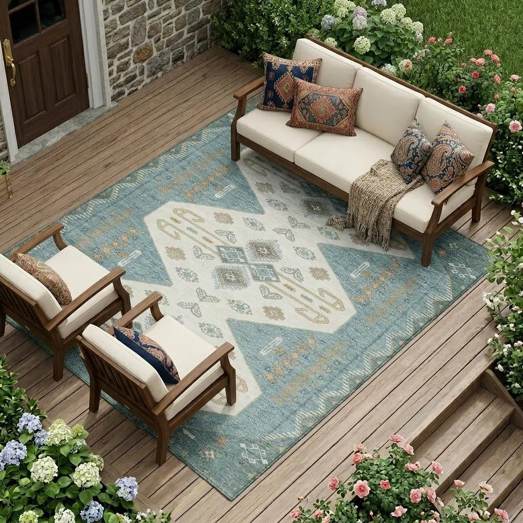 10' X 14' Teal Blue And Gold Geometric Washable Indoor Outdoor Area Rug Homeroots Outdoor