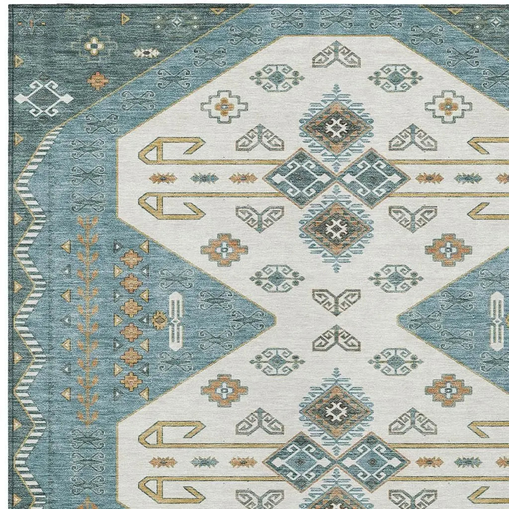10' X 14' Teal Blue And Gold Geometric Washable Indoor Outdoor Area Rug Homeroots Outdoor