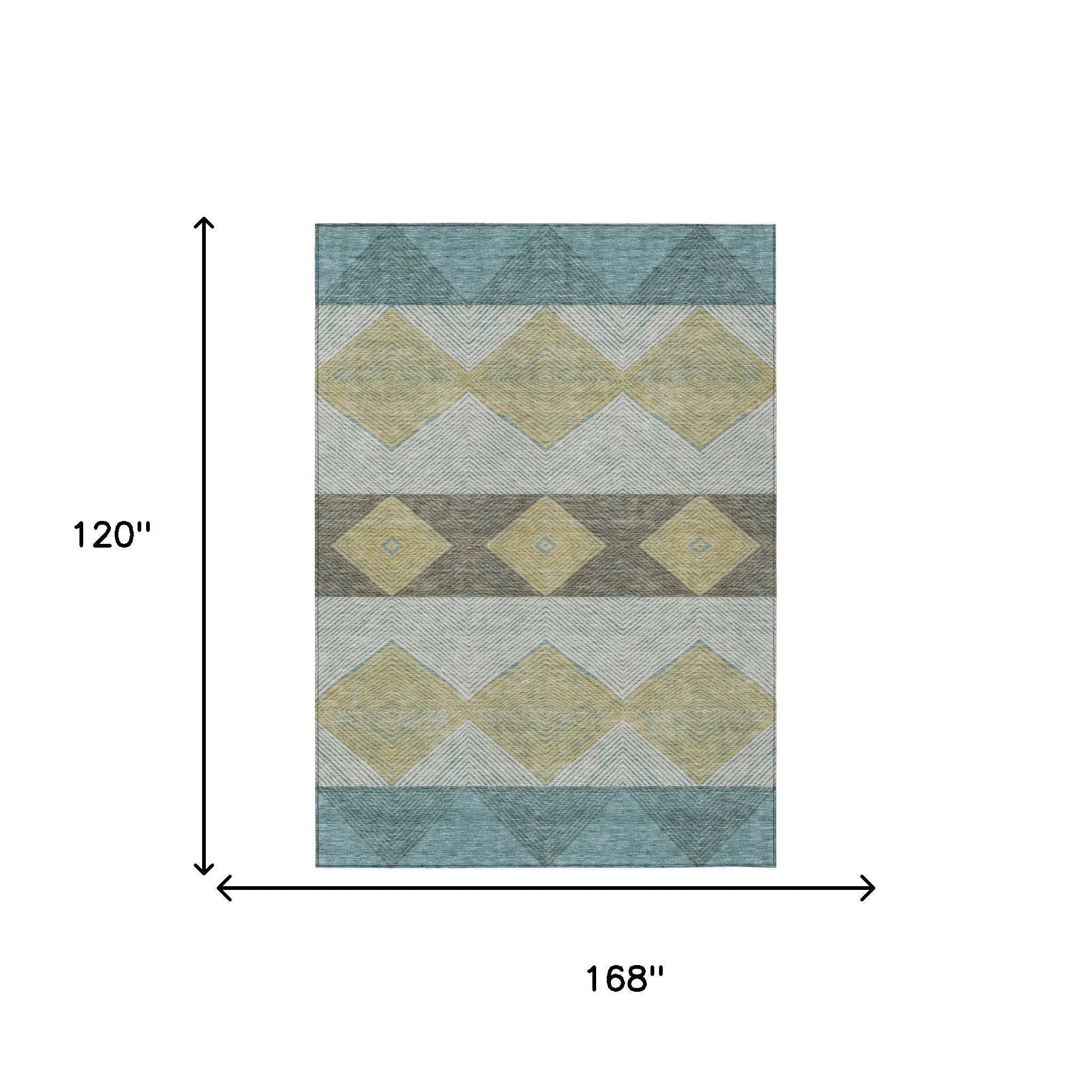 10' X 14' Teal Blue And Gold Geometric Washable Indoor Outdoor Area Rug Homeroots Outdoor