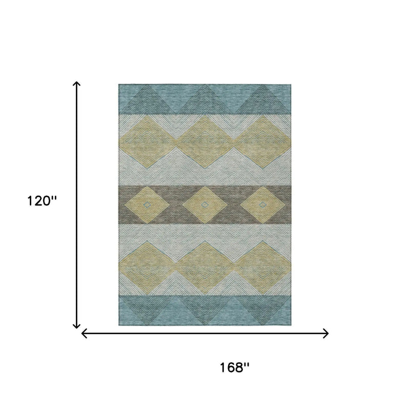 10' X 14' Teal Blue And Gold Geometric Washable Indoor Outdoor Area Rug Homeroots Outdoor
