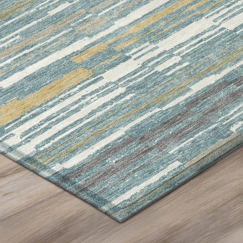 10' X 14' Teal Blue And Gold Striped Washable Indoor Outdoor Area Rug Homeroots Outdoor