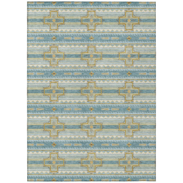 10' X 14' Teal Blue And Gold Tribal Washable Indoor Outdoor Area Rug Homeroots Outdoor
