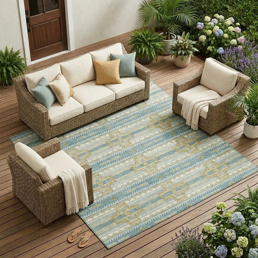 10' X 14' Teal Blue And Gold Tribal Washable Indoor Outdoor Area Rug Homeroots Outdoor