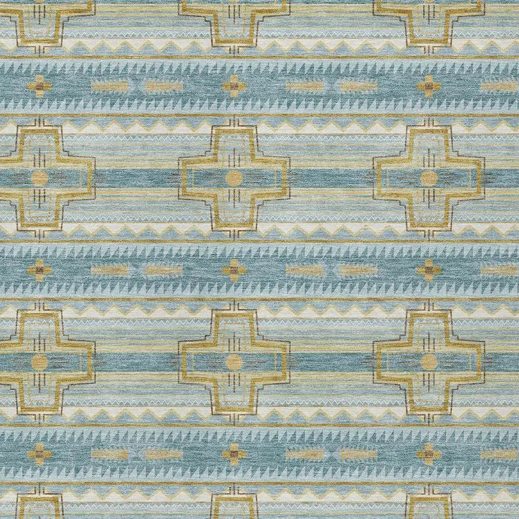 10' X 14' Teal Blue And Gold Tribal Washable Indoor Outdoor Area Rug Homeroots Outdoor